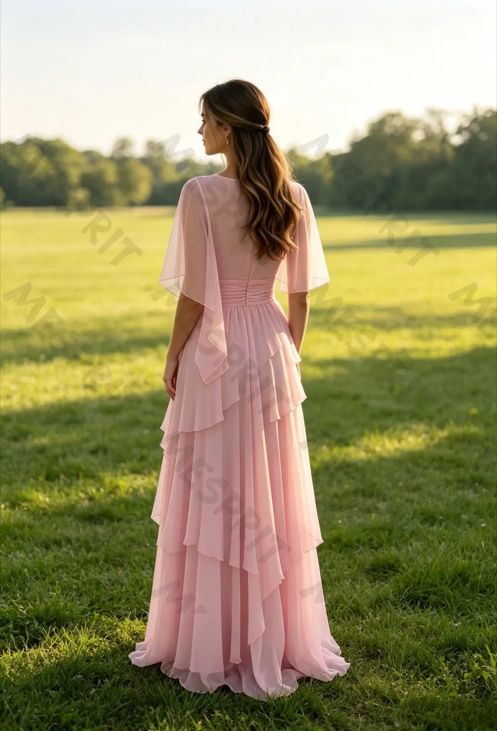 Customized New Pink A-line Chiffon Evening Gowns with Round Neck and Visible Small Shawl Lotus Leaf Side Length Banquet Dresses