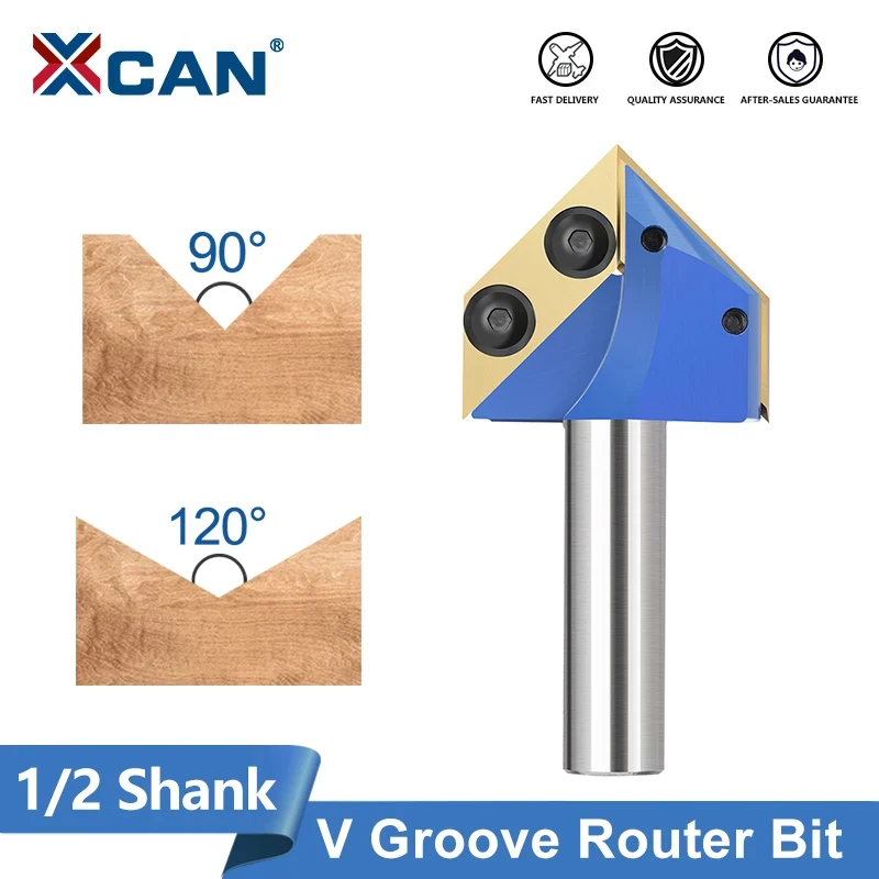 XCAN Milling Cutter 1/2 Shank 90 Degrees V Groove Router Bit Carbide Insert Wood Planer Bit V Slot Engraving Bit for Woodworking