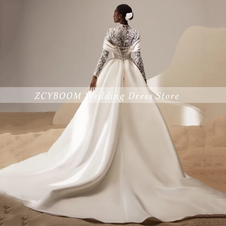 Luxury White High-Neck Lace Lllusion Long Sleeves Wedding Dress 2024 Ball Gown Floor Length Sweep Train Lace Up Bridal Gown