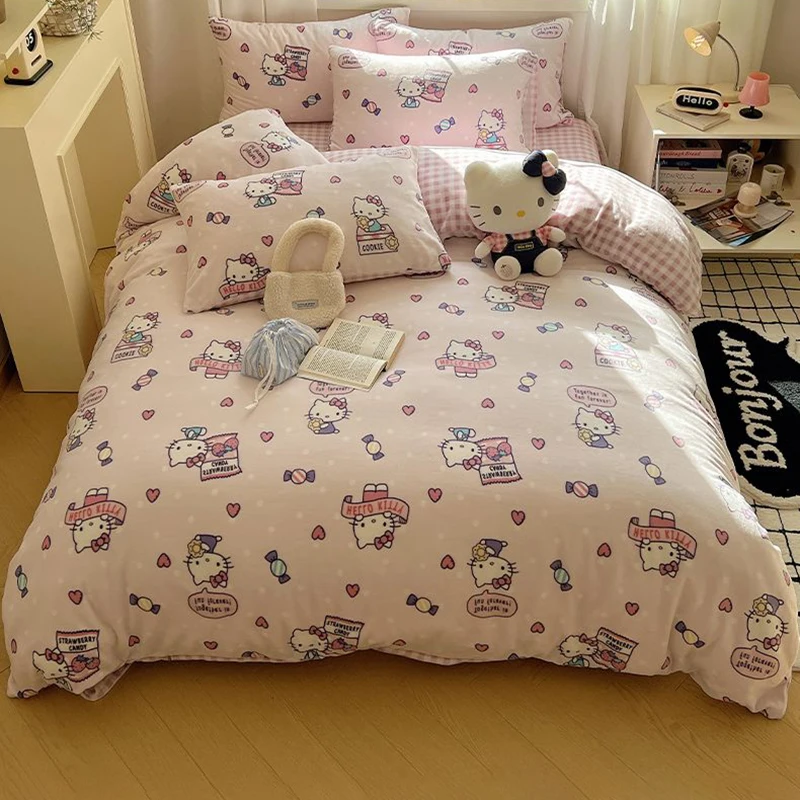 

Hello Kitty Milk Velvet Bed Anime Cartoon Sanrio Winter Thickened Coral Velvet Sheets Quilt Cover Pillowslip Dormitory 3Pcs