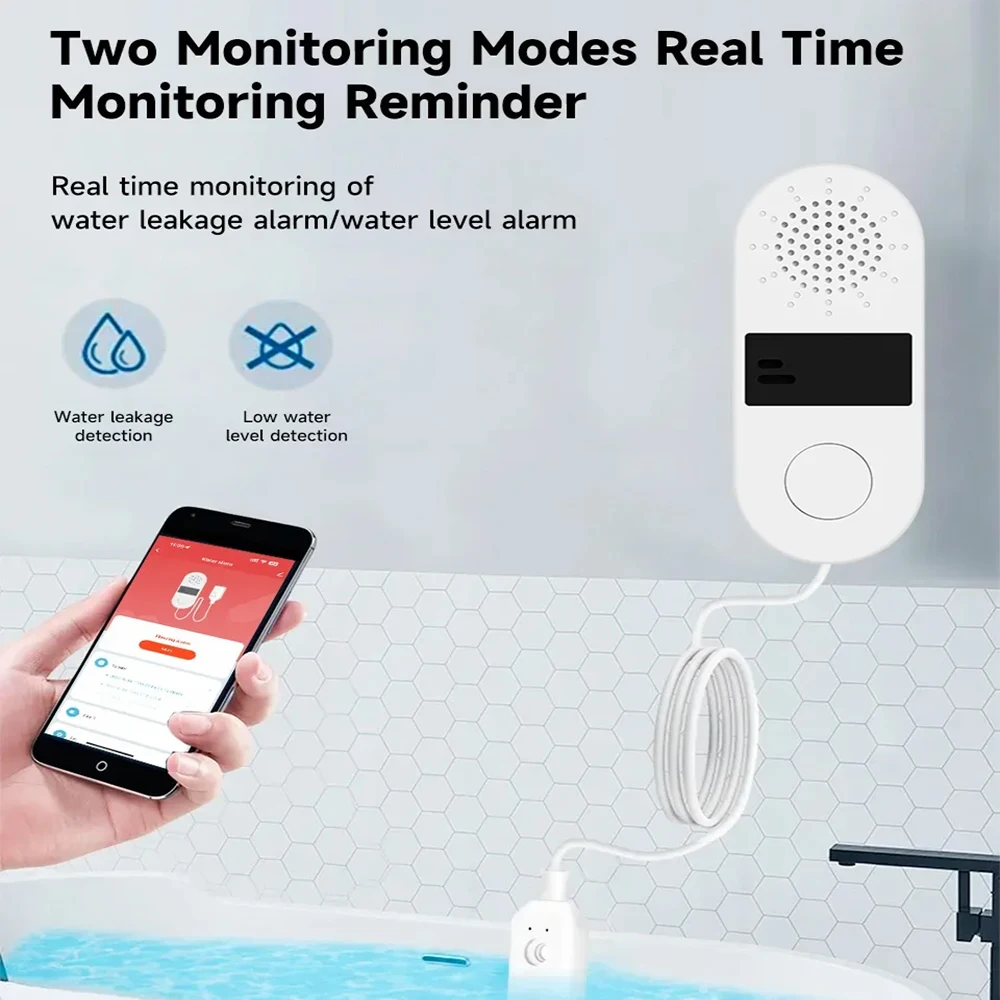 Rilevatore di perdite di inondazione del sensore di perdite d'acqua intelligente Tuya Wifi all'ingrosso con sistema di allarme sonoro e luminoso Monitor remoto dell'app 130dB