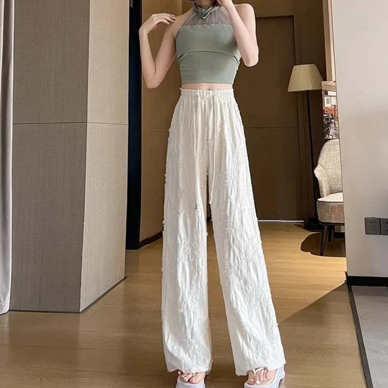 Women Elastic Waist Pleated Loose Pockets Wide Leg Pant Summer New Drawstring Casual Fashion High Waist Straight Pants Trend