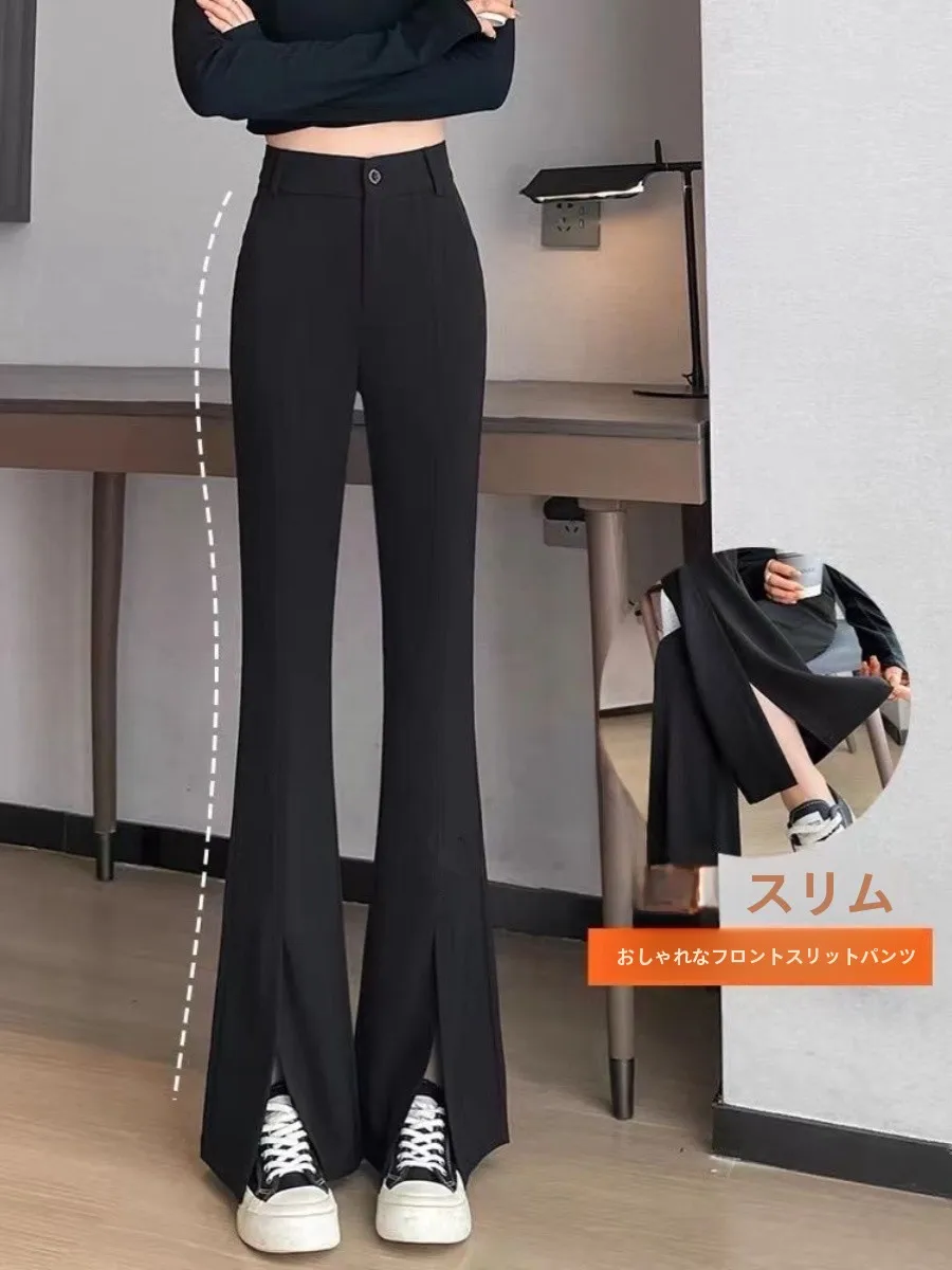 Black High Waist Trousers Women's Spring Autumn Casual Pants Long Legs Effect Side Slit Micro Flared Pants Casual Style
