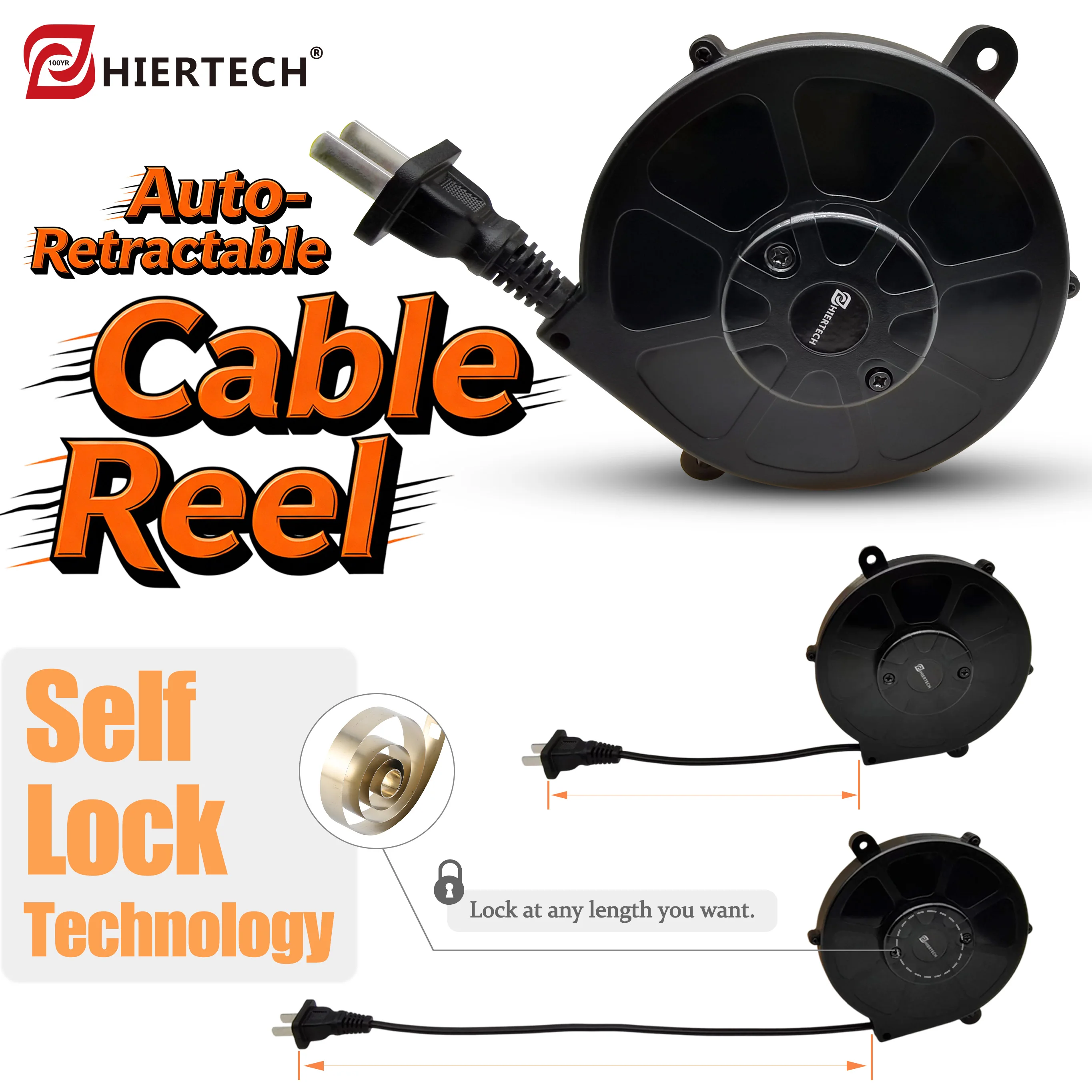 HIERTECH Flat Cord 2-Core Auto-Retractable Cable Reel New Upgrade Customizable Plug Self-Lock Used for Household&Factory devices
