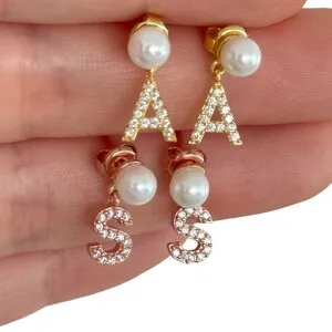 

Custom Initial Earrings Pearl Personalized Stud Earrings Gold Plated Cubic Zirconia Embellished Initial Pearl Fashion Earrings