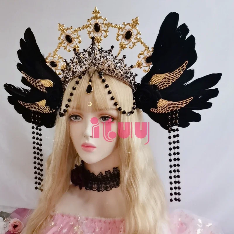 สีแดง Baroque Gothic Rose Angel Wings Halo Crown Headwear Sun Godmother's Retro Gorgeous Lolita KC Crown Headband อุปกรณ์เสริมผม