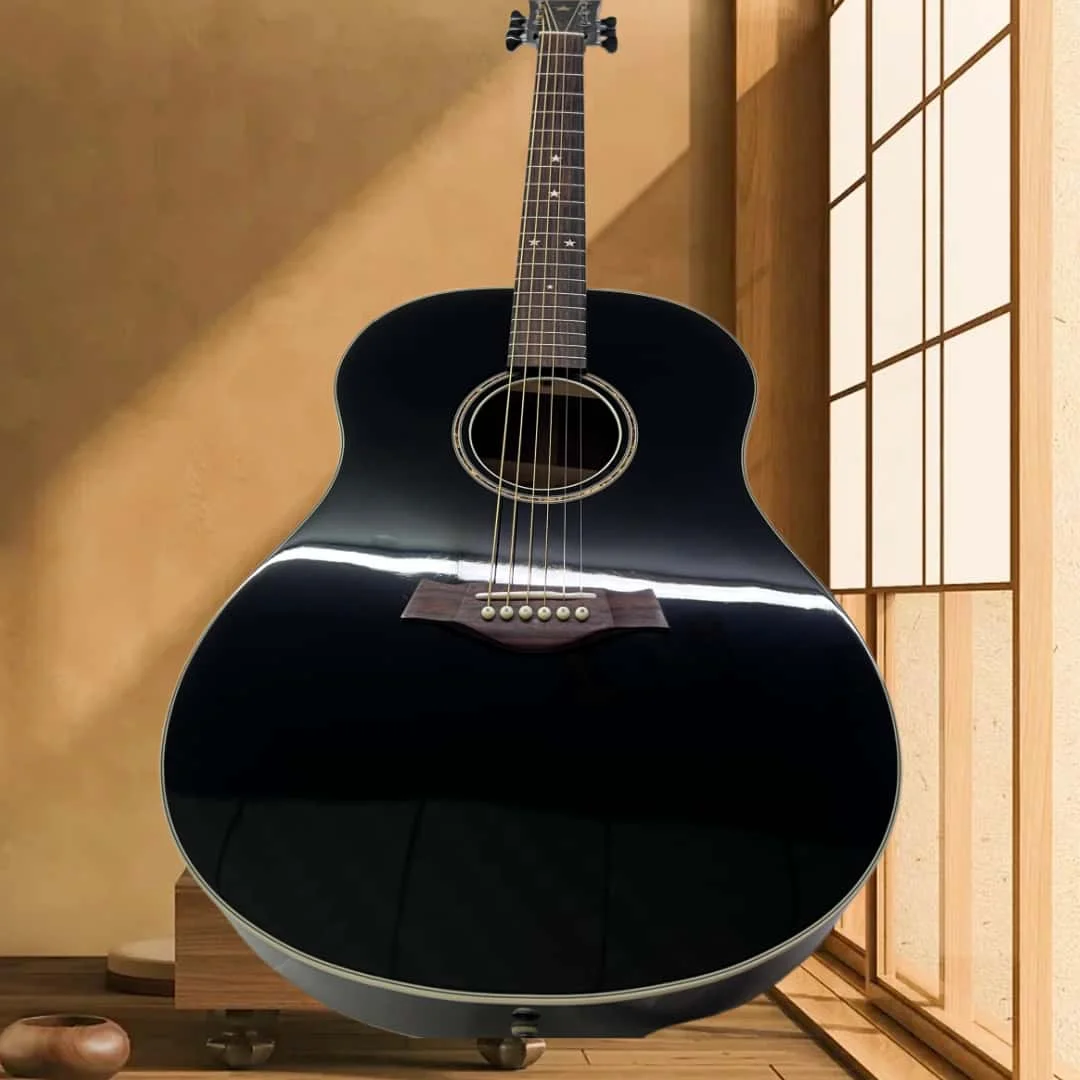 New Arrival Gloss Black TL Acoustic Guitar 6 Strings Solid Spruce Top, Bone Nut & Saddle, Star Abalone Inlay Fingerboard Professional Stage Guitar