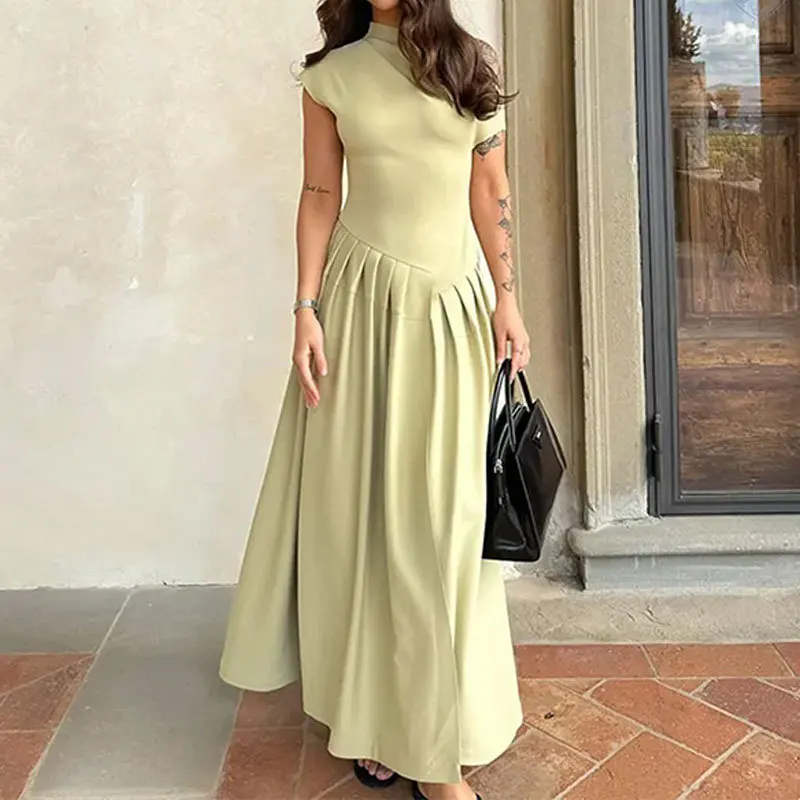 

TOY-2025Independent Station New Women's Solid Color Round Neck Asymmetric Shoulder Irregular Pleated Spring Dress for Women661