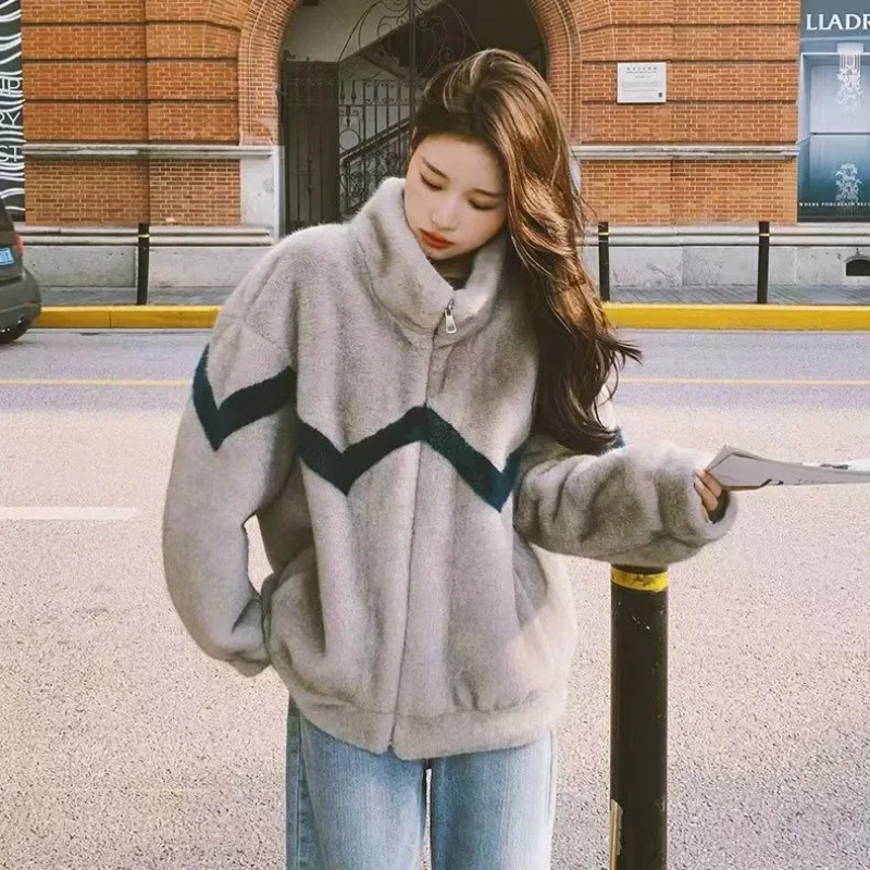 Winter New Women Imitation Mink Fur Coat Short Fleece-Lined Thicken Warm Stand Collar Outwear Fashion Loose Casual Outcoat
