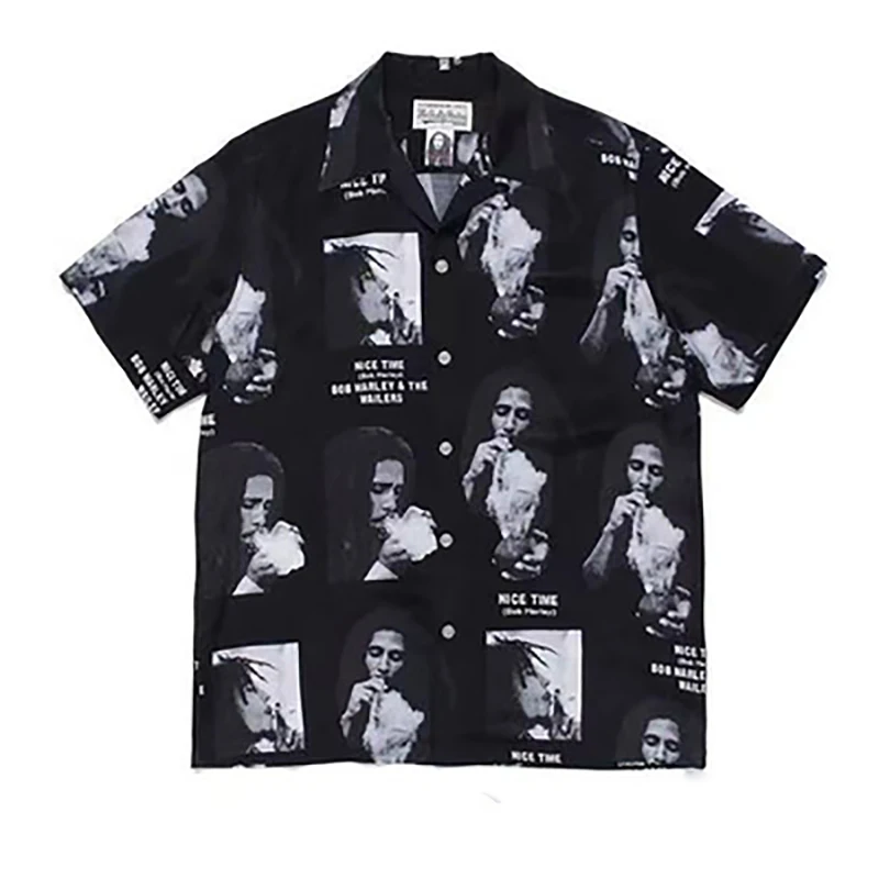 Summer Mens Womens Black White Print Brand Vintage Short Sleeve Shirt Trendy High Quality Hawaii WACKO MARIA Shirt