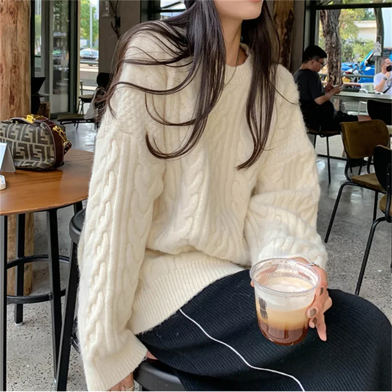 Vintage Oversized Pullovers Women Winter Clothing Pull Femme Thicked Warm Knitted Ribbed Sweater Tops Chic Korean Sueter Mujer