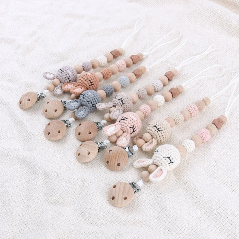 

97BE Baby Pacifier Clip Crochet Rabbit Chain Anti-drop Nipple Clip Teething Pendant Soother Clip Toy Clothing Accessory