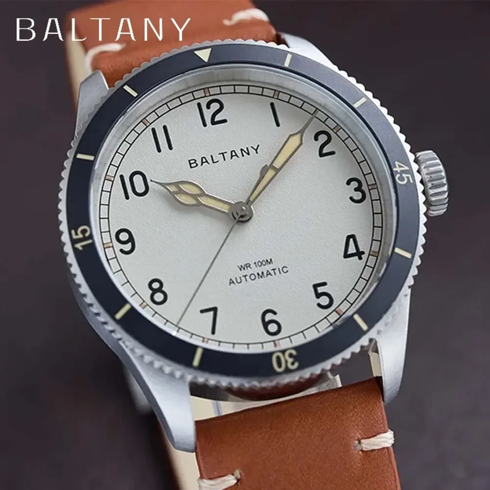 Baltany Classic Retro Pilot Homage Watch S2076 Automatic Mechanical Men Wristwatch NH38 Ceramic Leather Waterproof reloj hombre