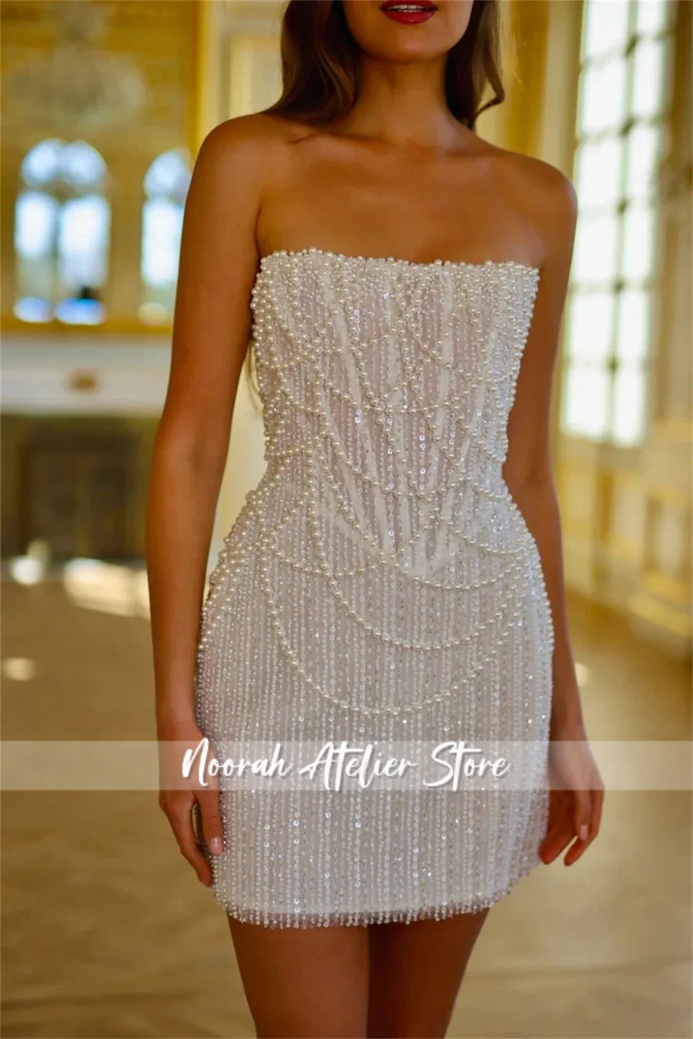 Perles scintillantes blanc bretelles Mini luxe femmes robes de soirée 2025 gland femmes robe de mariée arabie saoudite longue personnalisée