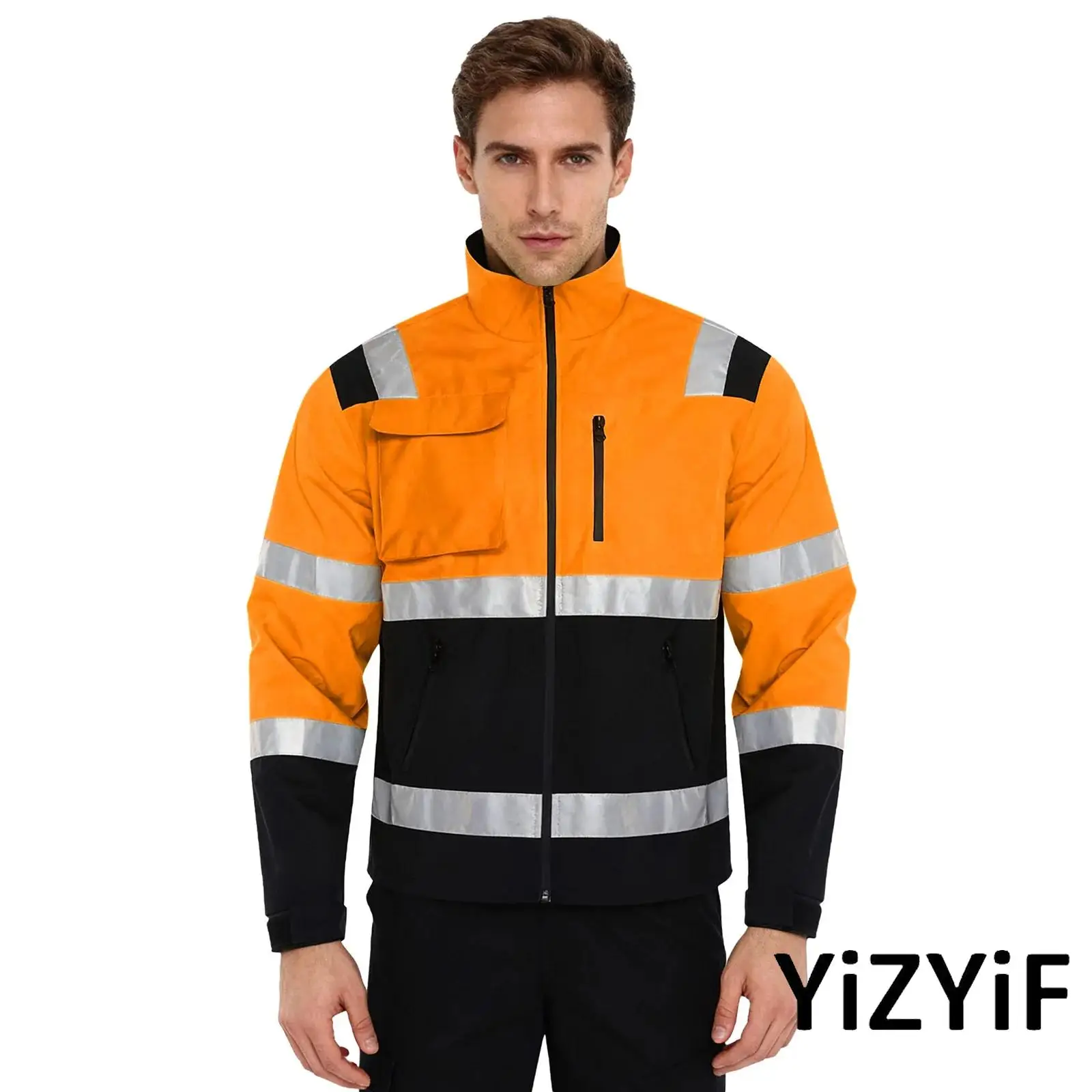 سترة رجالي بشريط عاكس عالي الوضوح مقاومة للماء ملابس خارجية وياقة واقفة وأكمام طويلة وسحاب مع جيوب