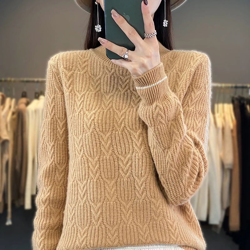 

Women's 100% Merino Wool Sweater Autumn Winter Half-high Collar Computer Carving Pullover Casual Knit Female Cashmere Basis Top