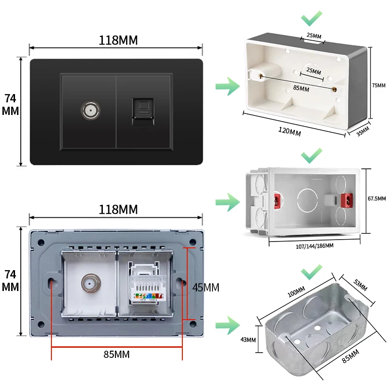 ELEGAN Black PC Panel Series 118*74mm Wall Computer Phone Combination Standard Universal Socket With 2.1A USB Type C Switch Home