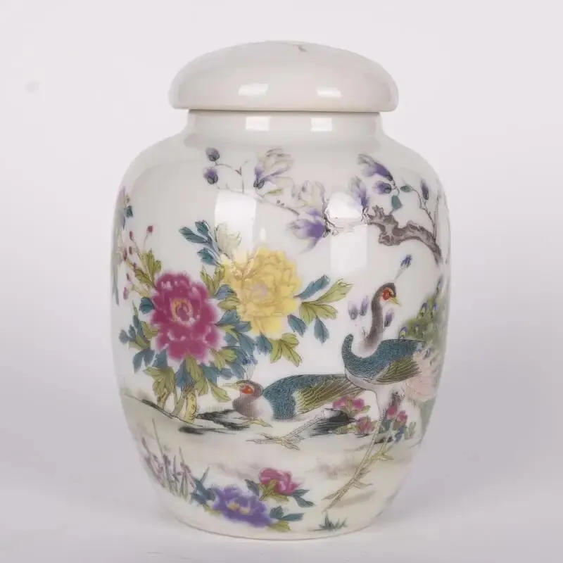 

4.3" Chinese Famille Rose Porcelain Pot Qing Guangxu Peony Peacock Jar Tea Caddy