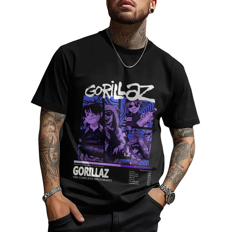 Gorillaz Virtual Rock Band Graphic T‑shirt Unisex Vintage Y2K Tee Hip Hop Streetwear 0824 Casual Cotton Tops S-6XL Fan Gift