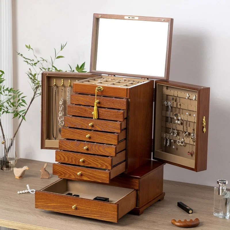 10 Layers Jewelry Storage Box Solid Wood Brooch Organizer Case Large Capacity Ring Collection Boxes Retro Pendant Display Cases