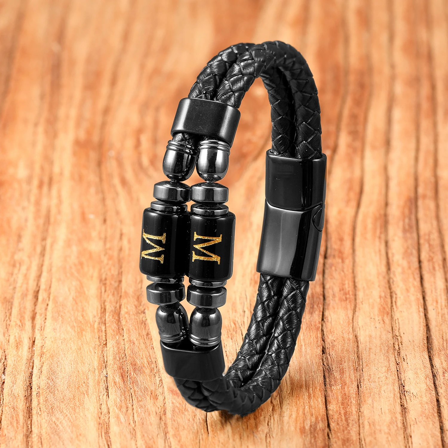 

Unique Men's Letter Bracelet，Handmade Woven Leather Rope Bangles，Stainless Steel Magnetic Buckle，Fashion Accessory