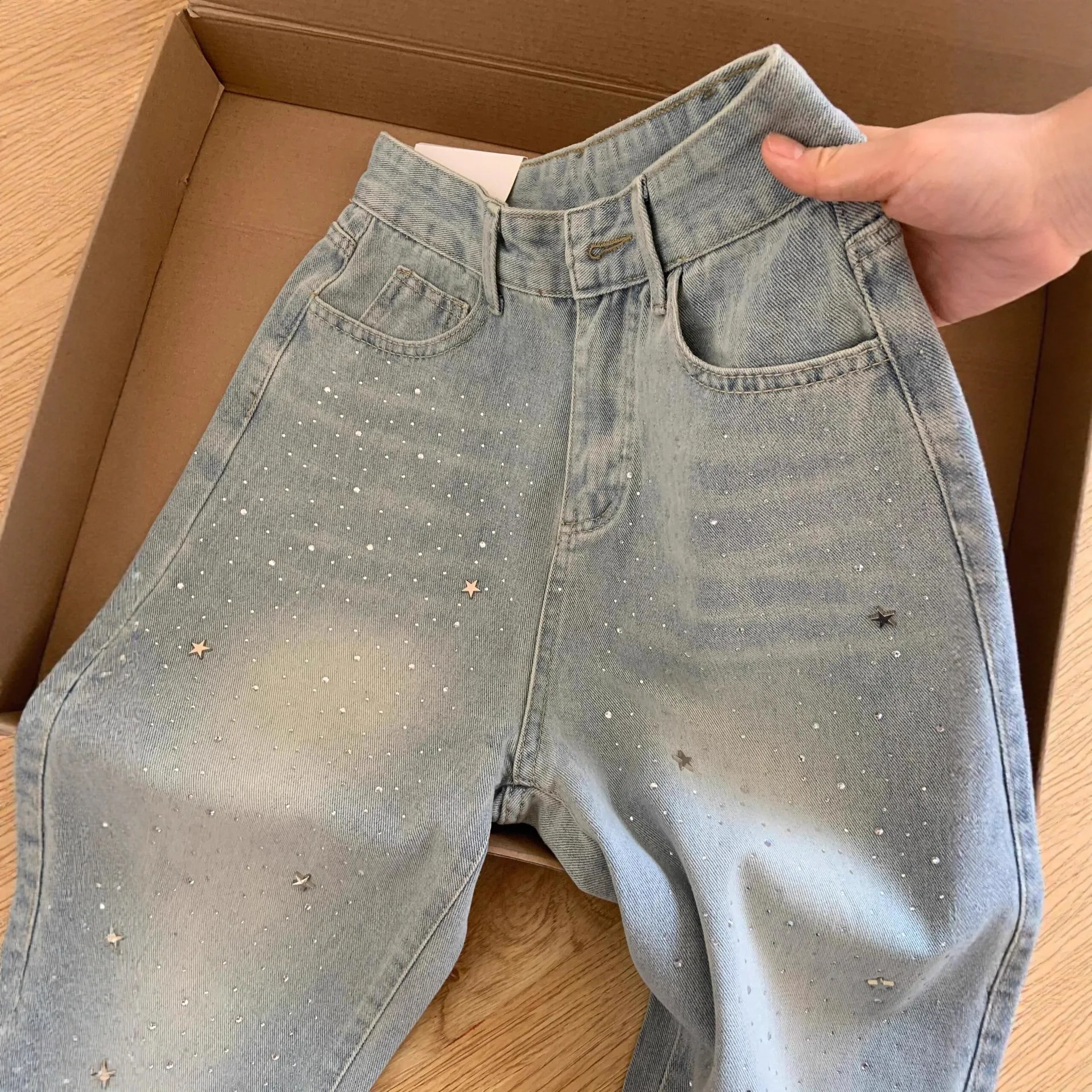 Hoge taille jeans dames wijde pijpen broek diamanten gesplitste denim broek volledige lengte broek losse vintage zakken gewassen winter 2025,