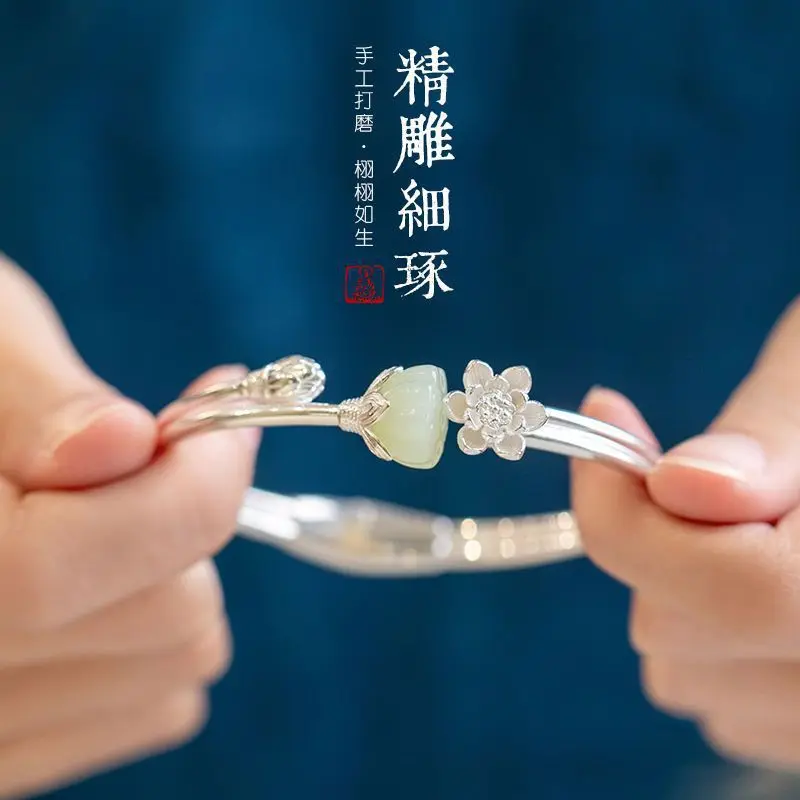 

Женский серебряный браслет Flakes Yang Zi Bu Li 9999 из цельного нефрита Хэтянь