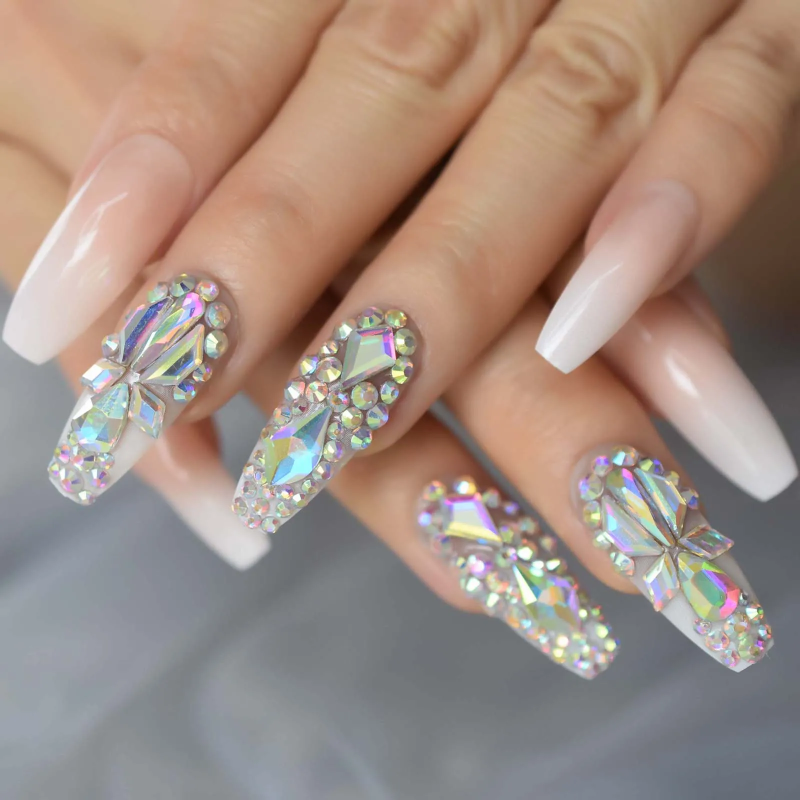 3D 블링 프레스 네일 세트, 긴 발레리나 관 옴브레 인조 온글, 라인석 하이 샤인 젤 네일, 웨딩 휴가 여성용