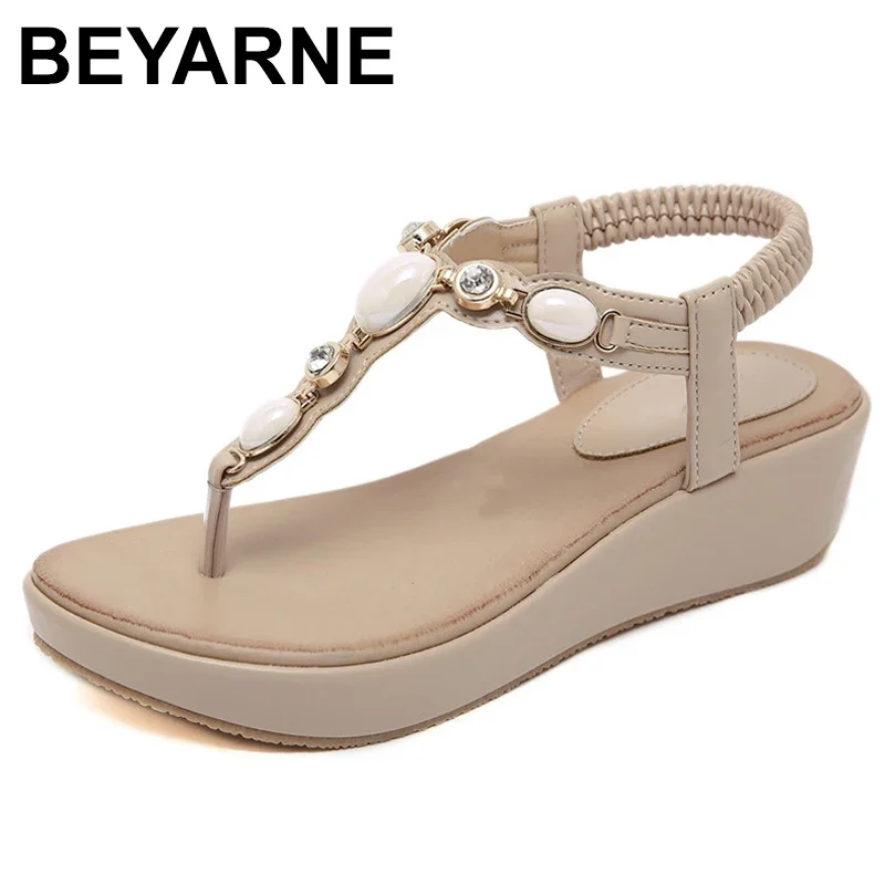 BEYARNET Strap Summer New Women Sandals Bohemian Beaded Wedges Med Heel Large Size Comfortable Sandals Lady Beach ShoesE612