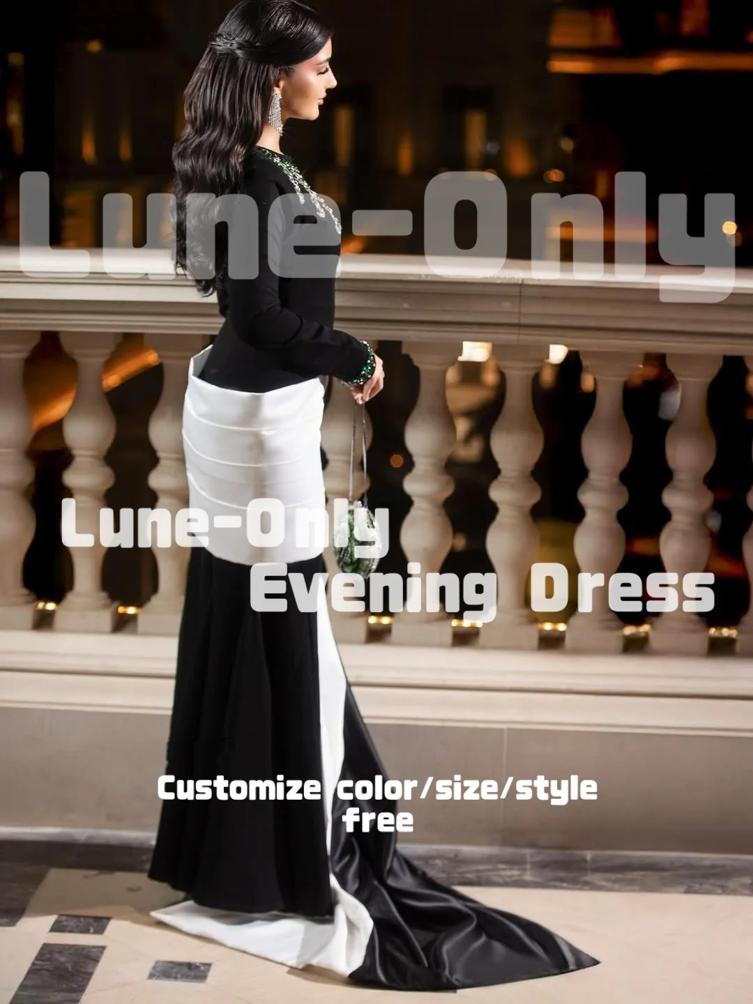 カスタマイズされた黒白長袖高級イブニングドレスグリーンシルバークリスタルエレガントなパーティードレスマーメイドフォーマルドレス