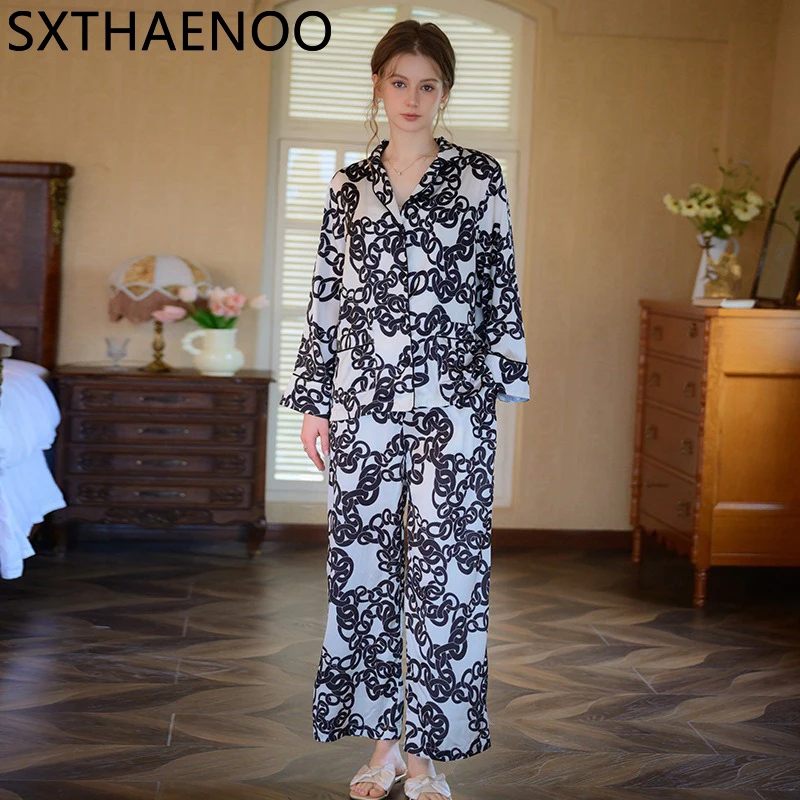 

SXTHAENOO Spring Floral Print Ice Silk Classic Pajamas Loose Soft Lady Nightgown Simple Style Nightwear Set Pijamas para mujeres