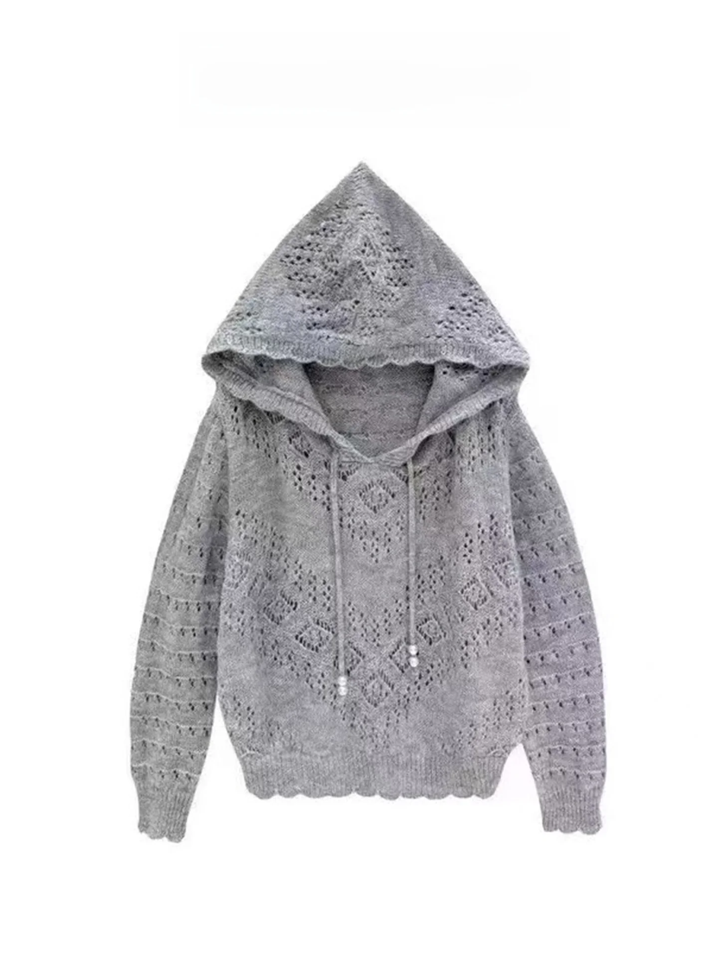 

Вязаный свитер-шапка для женщин: свободный крой, длинный рукав, повседневный стиль, модный дизайн с ажурными элементами, удобный осенний топ