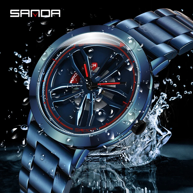 SANDA P1009 Rotation Rim Hub Sports Car Men Watches Waterproof Stainless Steel Wheel Quartz Wristwatch Male Relogio Masculino