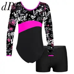 Kids Long Sleeve Gymnastics Leotards with Shorts Dancewear Sets for Yoga Athletic Biketard Jumpsuit Girls Ballet Dance Outfits