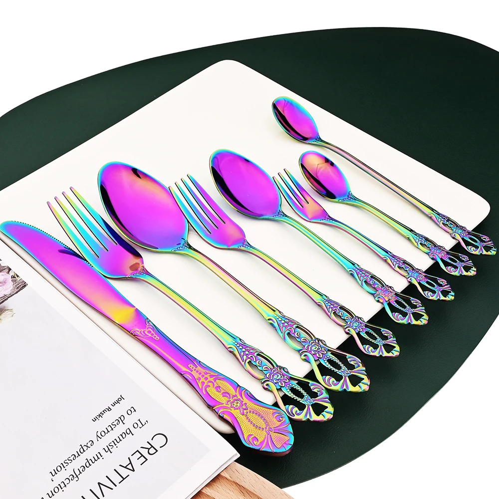 Rainbow 4/20Pcs Dinnerware Set Knife Dessert Fork Tea Spoon Flatware Stainless Steel Cutlery Kitchen Silverware Tableware Set