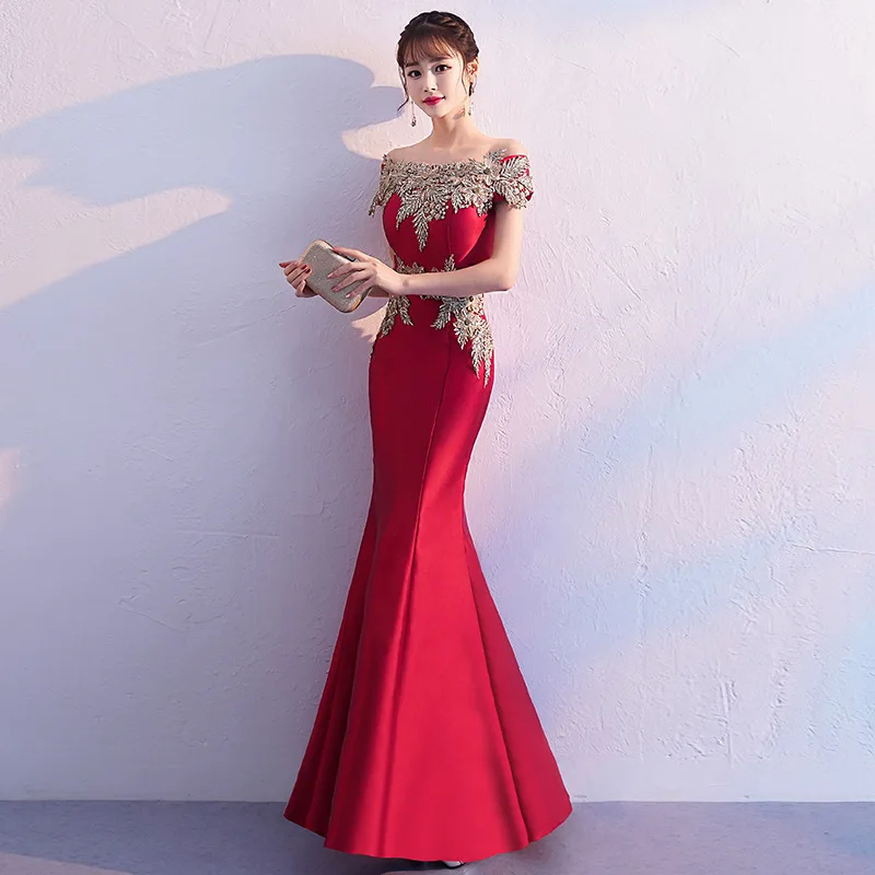 B2110 Abito da sposa personalizzato abito da brindisi sposa moda primavera vino rosso abito a coda di pesce monospalla