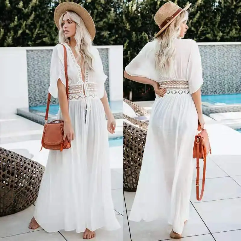 

Bamboo-joint spliced lace tie beach cover-up, sexy cardigan, vacation sun protection shirt, bikini outer cover-up