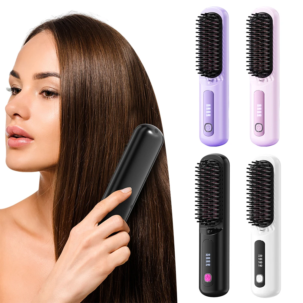 

Cordless Hair Straightener Brush Portable LED Display Lightweight Adjustable 4 Levels Ionic Ceramic Straightening Comb For Hair