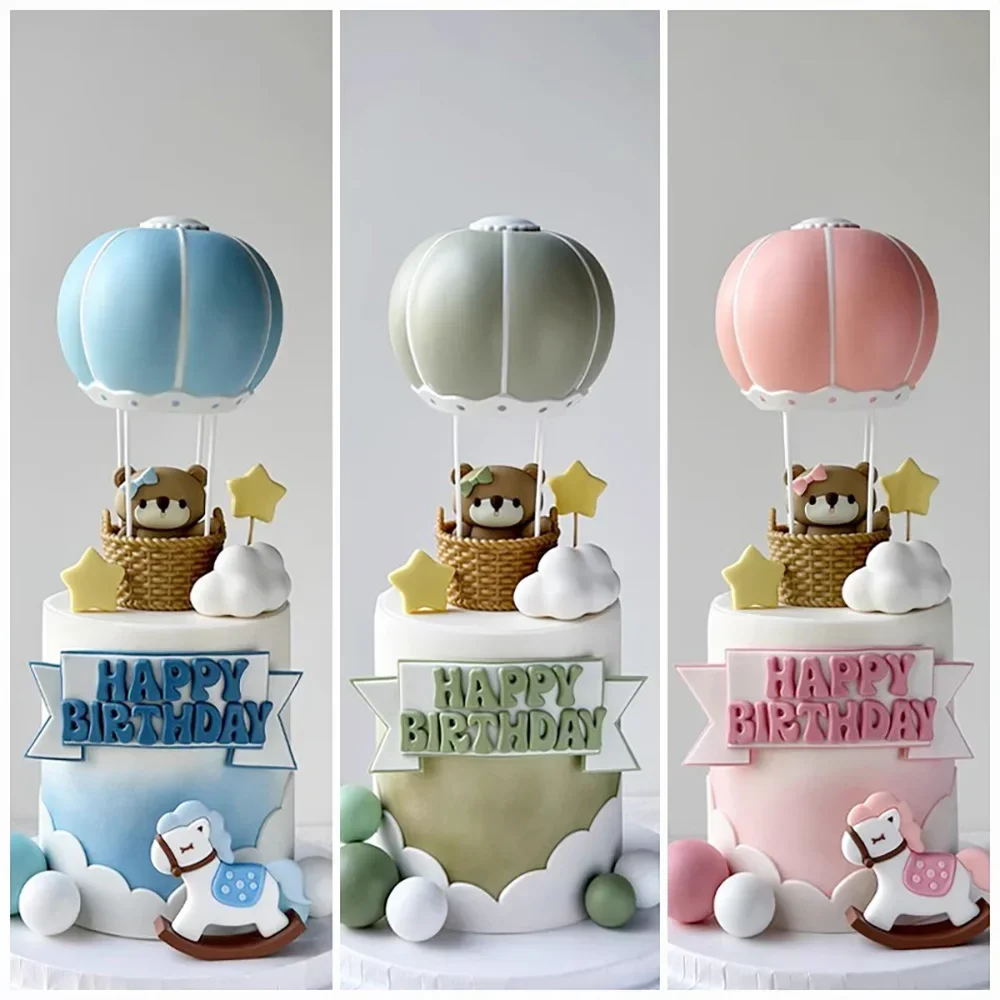 Hot Air Balloon Bear Cake Topper Set Pink Blue Green for Baby Shower Kids Birthday Party Boy Girl Cake Decor Supplies Kit view 5