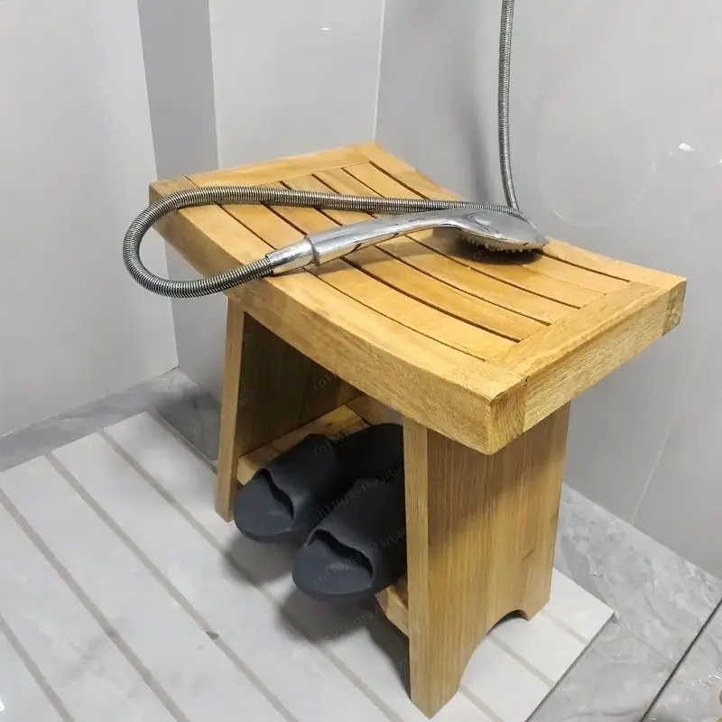 Modern Waterproof Bathroom Storage Stool, 2-Tier Shower Bench with Thick Solid Wood Seat