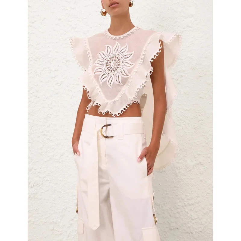 

Linen Silk 2025 New High Quality Beach Style White Sleeveless Embroidery Blouse Tops for Holiday