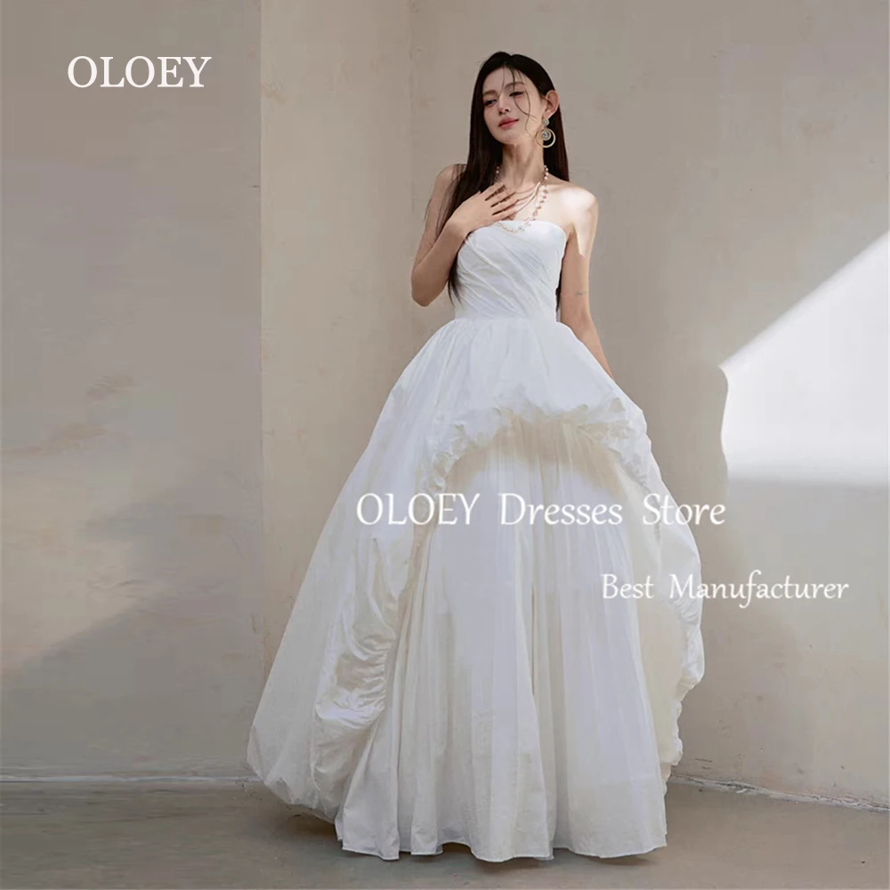 

OLOEY Elegant Strapless A Line Wedding Dress Korea Photoshoot Sleeveless Bridal Gown Zip Corset Back Custom Made Pleats Satin