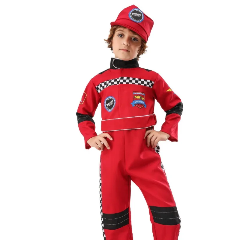 Disfraz de corredor rojo para niño, disfraz de Halloween, juego de rol, conductor de carreras, uniforme de entrenamiento de una pieza, tela para disfraz de personaje de corredor infantil