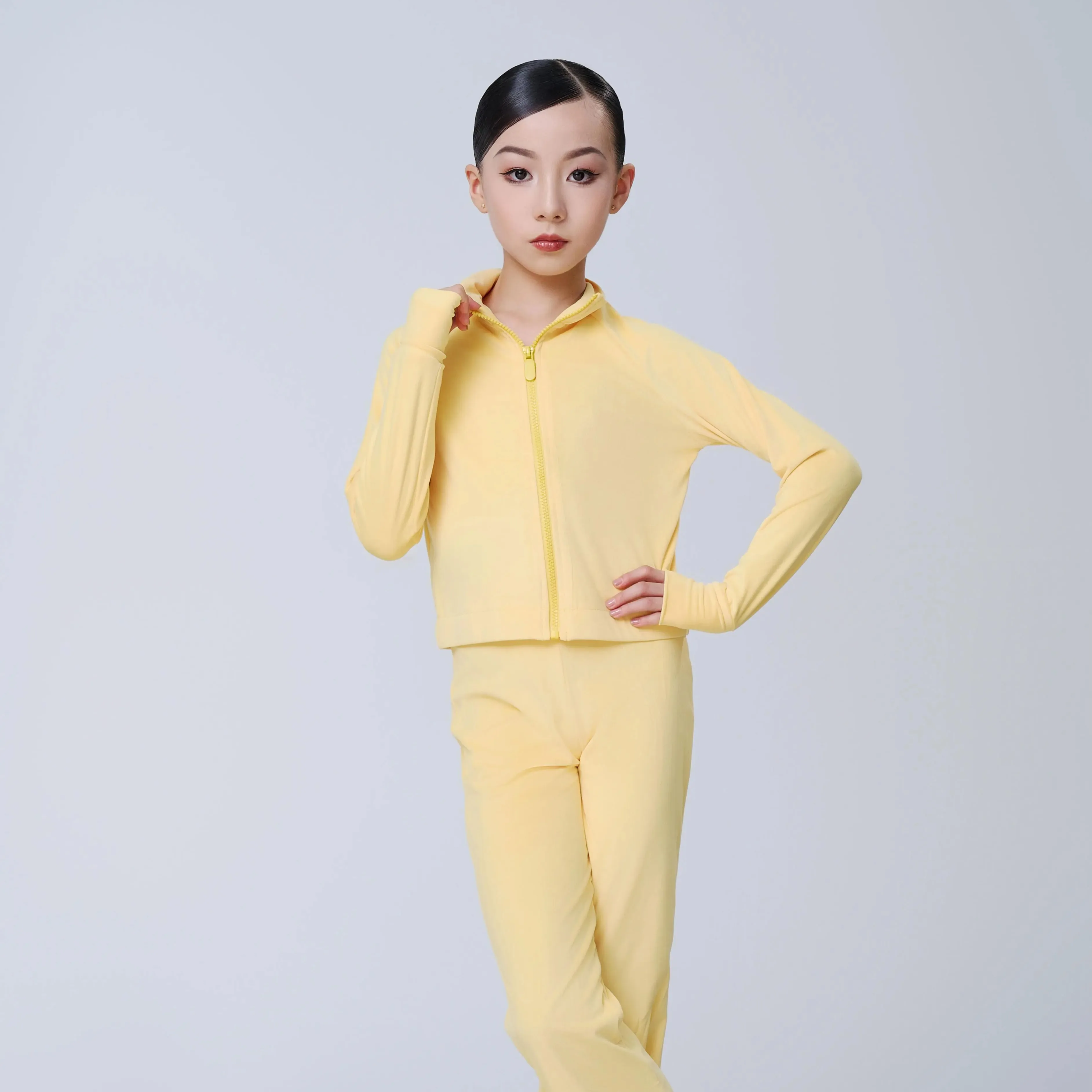 UK Latin dansjurk Dames gele trainingsset met ritssluiting aan de voorkant en versterkte stof voor prestatiepraktijk