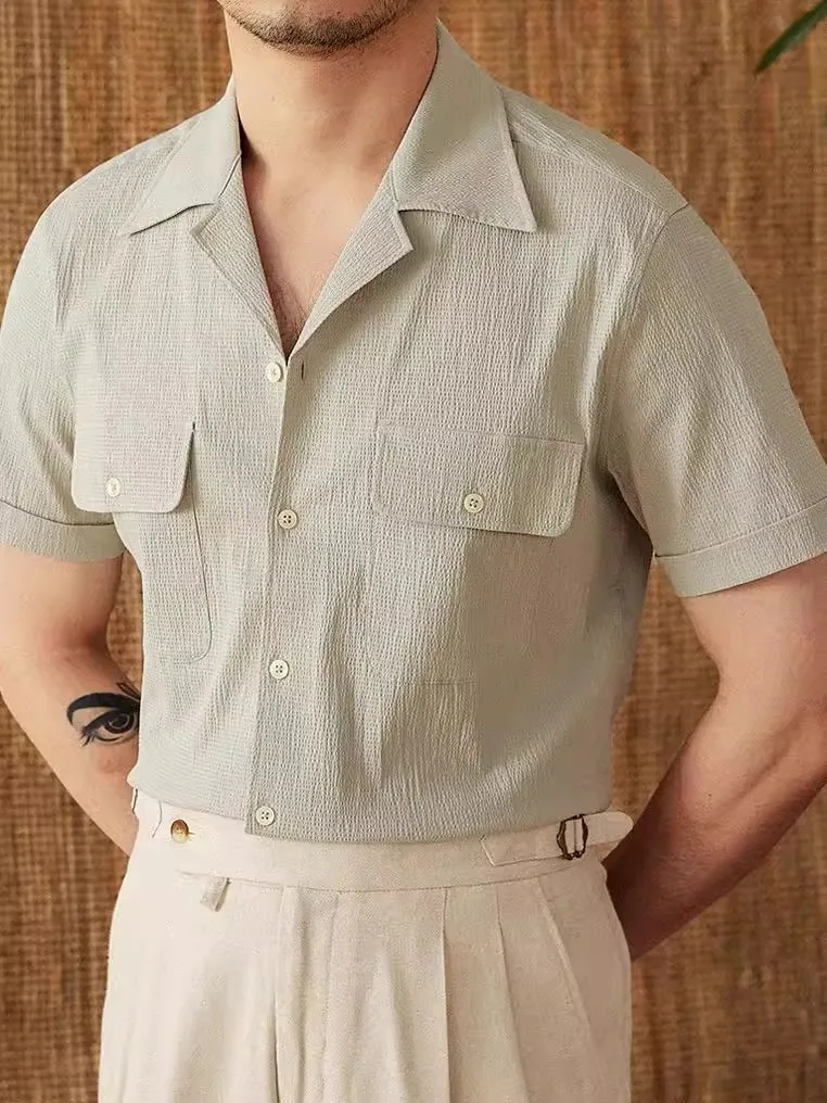 

Men's Neapolitan Puffon Shirt | Summer Cuban Collar Short Sleeve | Form-Fitting Workwear | Casual Lightweight Top