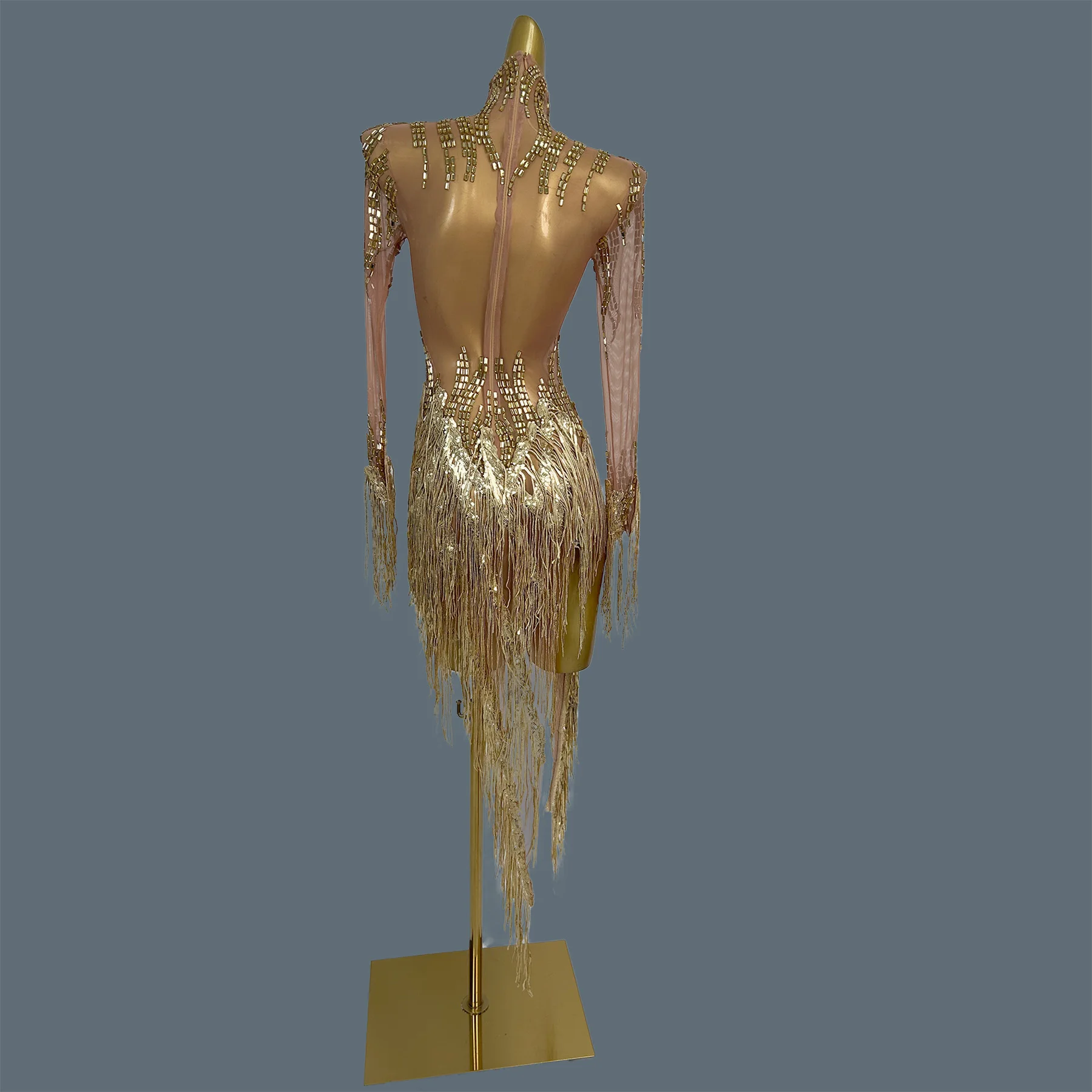 عرض مسرحي للحفلات سباركلي حجر الراين الذهبي انظر من خلال شبكة فستان قصير المرأة اللاتينية فستان رقص حفلة الترتر شرابة الزي ريكي