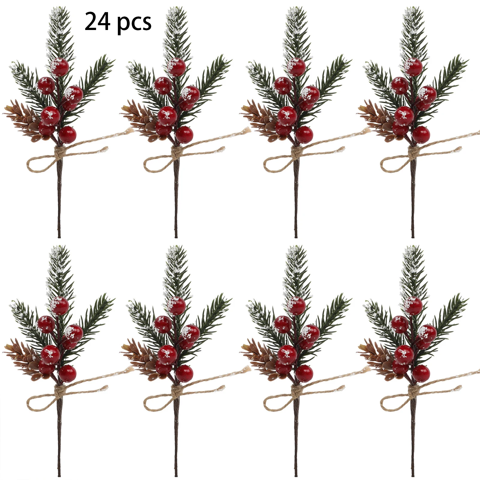 24pcs Christmas Pine Needles Red Fruits Simulated Plants Branches DIY Flower Wreath Accessories Decor Bouquet Ornament 18cm