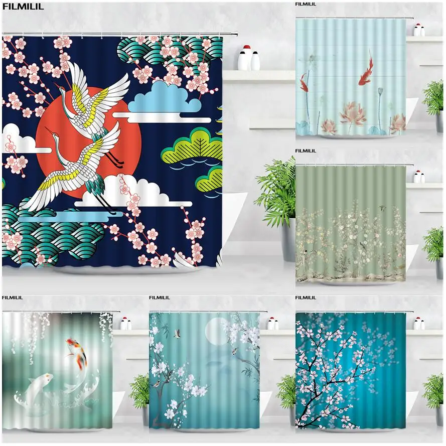 Koi Flowers Shower Curtains Carp Crane Pink Floral Birds Asian Chinese Style Bath Curtain Polyester Fabric Bathroom Decor Hooks