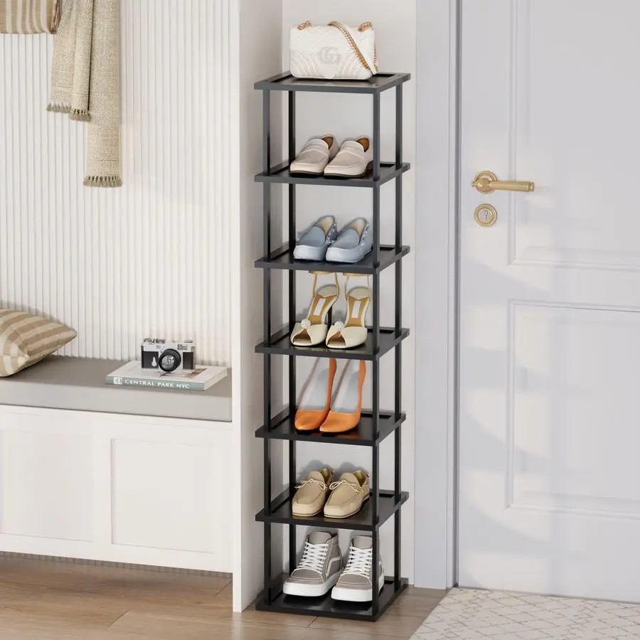 

Высокая полка для обуви-органайзер для прихожей, 7-уровневая отдельно стоящая тонкая узкая бамбуковая деревянная угловая штабелируемая подставка для хранения обуви Sma