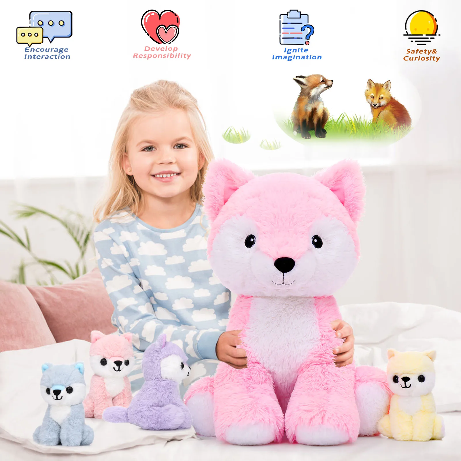 MorisMos renard animaux en peluche avec bébé à l'intérieur, doux 19 pouces peluche renard jouets maman et bébés ensemble, cadeau pour femmes, filles,